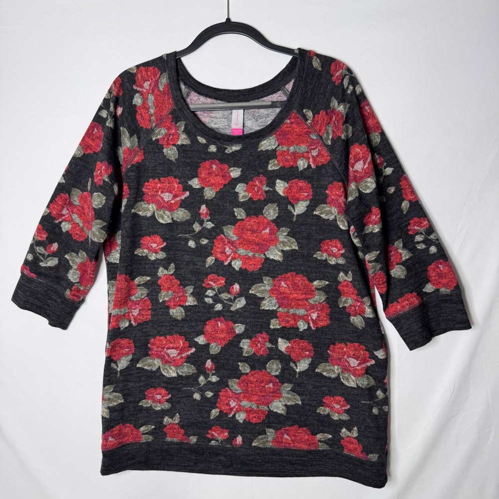 Black Red Floral Sweatshirt Fits 1X Juniors 3XL Rose Whimsygoth French READ